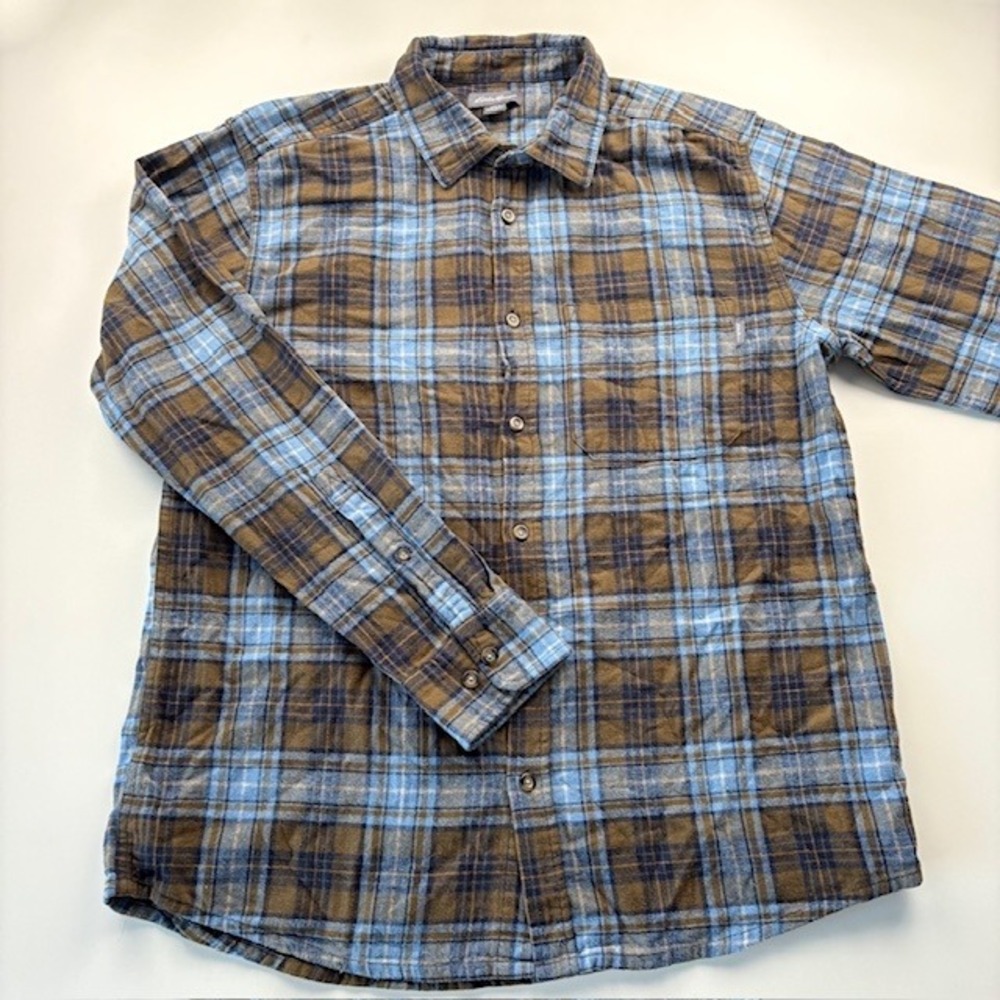 Eddie Bauer Mens L‎ G Plaid Flannel Long Sleeve Button Up Shirt Brown Blue